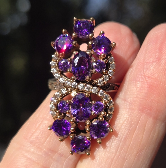 Amethyst & White sapphire Sterling & Gold cocktail ring 7.75 - Picture 3 of 9
